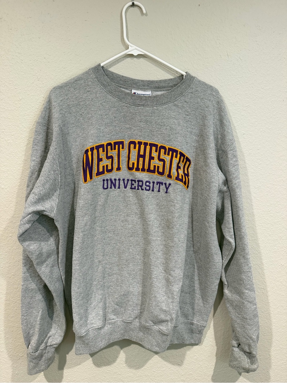Champion Grey Crewneck Sweatshirt with Purple and Gold Lettering